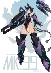 Rule 34 | 1girl, absurdres, android mk.99, blue hair, blue sky, character name, clothing cutout, cloud, copyright name, dated, detached sleeves, facial mark, floating, from below, full body, glowing, groin, guardian tales, gun, headgear, highres, holding, holding gun, holding weapon, leg tattoo, leotard, mecha musume, red eyes, sky, sleeveless, solo, tagme, tattoo, thighhighs, weapon, ywk1312