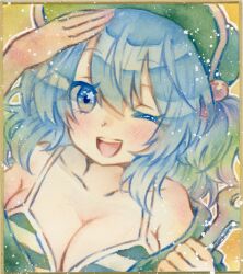 1girl :d bikini bikini_under_clothes black_bikini blue_eyes blue_hair colored_pencil_(medium) flat_cap green_hat hat highres jacket kawashiro_nitori lily_k_oekaki one_eye_closed open_clothes open_jacket open_mouth painting_(medium) smile solo swimsuit touhou traditional_media watercolor_(medium) wrench