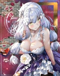 Rule 34 | 1girl, absurdres, artist name, bare shoulders, black thighhighs, blush, breasts, cleavage, collarbone, commentary, cowboy shot, cup, dress, evening gown, girls&#039; frontline, gloves, hair between eyes, hair ornament, hairband, hani haya, highres, hk416 (girls&#039; frontline), hk416 (starry cocoon) (girls&#039; frontline), holding, holding cup, huge filesize, large breasts, long hair, long sleeves, looking at viewer, official alternate costume, purple gloves, silver hair, smile, solo, teardrop tattoo, thighhighs, twintails, yellow eyes