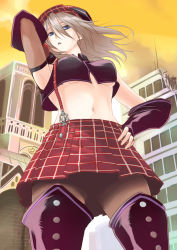 Rule 34 | 10s, 1girl, alisa ilinichina amiella, blue eyes, boots, cabbie hat, from below, god eater, god eater burst, hat, long hair, nueco, open mouth, pantyhose, plaid, skirt, solo, suspender skirt, suspenders, thigh boots, thighhighs, upskirt