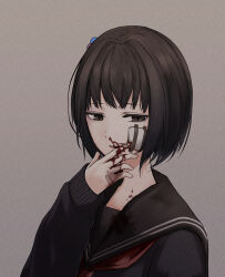 Rule 34 | 1girl, amemori sayo, bandage on face, bandages, bandaid, bandaid on hand, black hair, black serafuku, blood, blood on hands, bob cut, bruise, commentary request, film grain, gauze, grey background, hair bobbles, hair ornament, half-closed eyes, hand up, highres, injury, kushinaka, light smile, long sleeves, looking down, looking to the side, neckerchief, nijisanji, nosebleed, open mouth, portrait, red neckerchief, sad smile, school uniform, serafuku, short hair, simple background, solo, virtual youtuber