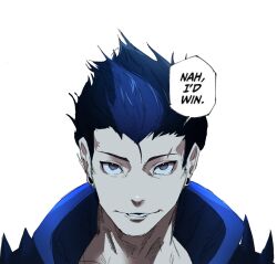 Rule 34 | 1boy, animification, black hair, blue hair, blue hoodie, commentary, commission, earrings, english commentary, english text, eyebrow cut, feiyuu, grey eyes, highres, hood, hood down, hoodie, jewelry, jujutsu kaisen, looking at viewer, male focus, meme, multicolored hair, nah i&#039;d win (meme), parody, parted lips, portrait, solo, speech bubble, streaked hair, valorant, white background, yoru (valorant)
