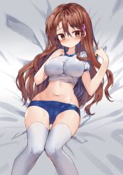 Rule 34 | 1girl, absurdres, bed sheet, blue buruma, blush, breasts, brown eyes, brown hair, buruma, closed mouth, copyright request, crop top, crystal, gym shirt, gym uniform, hair between eyes, hair ornament, hands up, highres, knees together feet apart, large breasts, long hair, looking at viewer, lying, midriff, navel, nose blush, on back, puffy short sleeves, puffy sleeves, shirt, short sleeves, solo, tandohark, thighhighs, very long hair, white shirt, white thighhighs