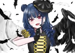 Rule 34 | 1girl, artist name, artist request, asymmetrical wings, band uniform, black feathers, black gloves, black hat, black shirt, black wings, blue hair, blush, breasts, clenched hand, collared shirt, epaulettes, feathers, female focus, fingerless gloves, frilled sleeves, frills, gloves, hair bun, hat, headphones, highres, in the unstabe world, in the unstabe world (love live!), long hair, looking at viewer, love live!, love live! school idol festival, love live! sunshine!!, microphone, mini hat, mismatched wings, parted lips, pink eyes, purple eyes, shirt, short sleeves, shoulder pads, single hair bun, small breasts, smile, solo, tsushima yoshiko, upper body, white background, white feathers, white wings, wings