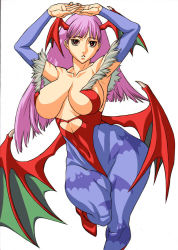 Rule 34 | 1girl, aged up, alternate color, animal print, armpits, arms up, artist request, bat print, breasts, capcom, cleavage, cosplay, demon girl, elbow gloves, gloves, head wings, large breasts, leotard, lilith aensland, lilith aensland (cosplay), long hair, morrigan aensland, pantyhose, print pantyhose, purple hair, red eyes, red leotard, solo, vampire (game), wings