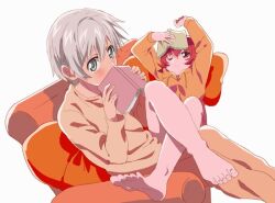 Rule 34 | 1boy, 1girl, barefoot, book, closed mouth, couch, feet, fumiko (mesushi), iria animi, one eye closed, red eyes, red hair, ruca milda, short hair, simple background, sitting, tales of (series), tales of innocence, white background, white hair