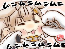 Rule 34 | 1boy, 1girl, :3, = =, admiral (kancolle), black ribbon, blonde hair, blunt bangs, blush, cheek pinching, chibi, closed eyes, commentary request, gloves, hair ornament, hair ribbon, hairclip, kantai collection, long hair, mini person, minigirl, outline, pinching, pink background, ribbon, scarf, simple background, taisa (kari), white gloves, white outline, white scarf, yuudachi (kancolle)