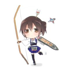 Rule 34 | 10s, 1girl, aircraft, airplane, arrow (projectile), arrow in body, arrow in head, black thighhighs, bow (weapon), brown hair, chibi, flight deck, full body, kaga (kancolle), kantai collection, lowres, muneate, object through head, running, short hair, side ponytail, simple background, sino (sionori), solo, standing, standing on one leg, thighhighs, weapon, white background