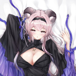 Rule 34 | 1girl, :o, animal ear fluff, animal ears, arknights, arm up, bed sheet, black dress, black hairband, blush, breasts, brown eyes, cirnos, cleavage, cleavage cutout, clothing cutout, dress, frilled sleeves, frills, hairband, jewelry, large breasts, lin (arknights), long hair, long sleeves, looking at viewer, lying, mouse ears, necklace, on back, on bed, parted bangs, pink hair, sheet grab, solo, tassel, upper body, wide sleeves