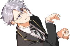 Rule 34 | 1boy, asymmetrical bangs, azul ashengrotto, black jacket, clenched hand, collared shirt, commentary, grey hair, grey shirt, grin, highres, jacket, male focus, necktie, ororooops, purple eyes, shirt, short hair, simple background, smile, solo, striped necktie, sweatdrop, twisted wonderland, white background