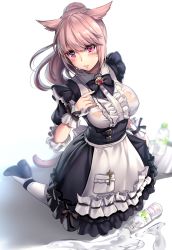 Rule 34 | 1girl, animal ears, aruma jiki, warrior of light (ff14), blurry, blurry background, blush, bottle, breasts, cat ears, cat tail, dress, facial mark, final fantasy, final fantasy xiv, frills, kneeling, light brown hair, long hair, looking at viewer, maid, medium breasts, miqo&#039;te, ponytail, red eyes, see-through, solo, swept bangs, tail, water bottle, wet, wet clothes, whisker markings, white background, white legwear, wrist cuffs