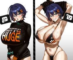 1girl blush breasts huge_breasts short_hair smile sweat