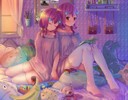 Rule 34 | 2girls, bag, banana, bed, blush, book, chips (food), fangxiang cuoluan, feet, food, fruit, hair ornament, hairclip, highres, holding hands, indoors, legs, multiple girls, no shoes, original, pencil, pillow, pink hair, pocky, pringles, shoulder bag, siblings, sisters, sleeping, stuffed animal, stuffed toy, teddy bear, thighhighs, wallpaper (object), white legwear, yellow eyes, yuri