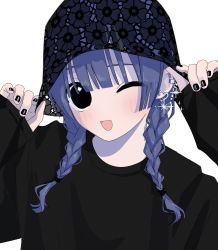Rule 34 | 1girl, black eyes, black hat, black nails, blue hair, blush, braid, ear piercing, earrings, fang, fingernails, floral print, glint, grey background, hamafugu, hat, heart, heart earrings, highres, jewelry, long hair, looking at viewer, nail polish, one eye closed, open mouth, original, piercing, see-through, simple background, skin fang, sleeves past wrists, solo, tongue, twintails, upper body