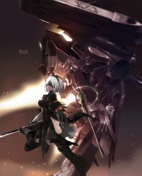 Rule 34 | 1girl, android, bad id, bad pixiv id, black dress, black thighhighs, blindfold, boots, breasts, damaged, dress, hairband, high heel boots, high heels, highres, mono (jdaj), nier (series), nier:automata, robot, short hair, side slit, silver hair, solo, sword, thigh boots, thighhighs, weapon, wire, 2b (nier:automata)
