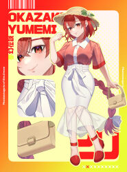 1girl absurdres adapted_costume bag blush brown_bag brown_hat character_name close-up closed_mouth flower full_body guumin happy hat hat_flower high_heels highres multiple_views okazaki_yumemi phantasmagoria_of_dim.dream red_eyes red_footwear red_hair red_shirt shirt short_sleeves skirt smile straw_hat sun_hat touhou touhou_(pc-98) white_skirt