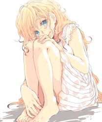 Rule 34 | 1girl, alternate costume, bad id, bad pixiv id, barefoot, blonde hair, blue eyes, dress, female focus, hands on feet, hjm, kyoukaisenjou no horizon, hugging own legs, long hair, looking at viewer, mary stuart, pink dress, scar, sitting, smile, solo, white background
