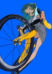 1girl :o absurdres bare_legs bicycle black_footwear blue_background blush cone_horns fingernails green_eyes green_hair grey_jacket grey_skirt highres horns jacket long_hair looking_at_viewer miniskirt nahia_(some1else45) office_lady original panties panty_peek pencil_skirt riding riding_bicycle road_bicycle shirt simple_background skirt solo some1else45 thick_eyebrows underwear white_panties white_shirt