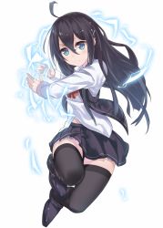 Rule 34 | 1girl, ahoge, black hair, black thighhighs, blue eyes, blush, electricity, hair ornament, hairclip, long hair, original, ray-akila, ray littlechamber, simple background, skirt, solo, thighhighs, vest, white background