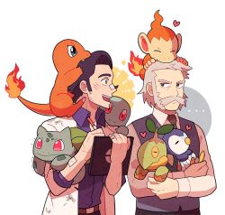Rule 34 | 2boys, :d, augustine sycamore, bandaid, bandaid on arm, bandaid on face, bandaid on hand, bandaid on nose, belt, belt buckle, black hair, black pants, blouse, brown belt, buckle, bulbasaur, charmander, chimchar, collared shirt, creatures (company), facial hair, flame-tipped tail, game freak, gen 1 pokemon, gen 4 pokemon, grey eyes, grey hair, heart, holding, jaho, lab coat, male focus, multiple boys, mustache, necktie, nintendo, on head, open mouth, pants, piplup, pokemon, pokemon (creature), pokemon dppt, pokemon on head, pokemon xy, purple shirt, rowan (pokemon), shirt, short hair, smile, squirtle, starter pokemon trio, teeth, turtwig, upper teeth only, vest, white shirt