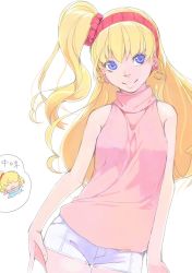 Rule 34 | 1girl, akinbo (hyouka fuyou), asahina mirai, blonde hair, blue eyes, cure miracle, earrings, hair ornament, hair scrunchie, hairband, high ponytail, highres, jewelry, leaning to the side, long hair, looking at viewer, mahou girls precure!, pink shirt, precure, red hairband, red scrunchie, scrunchie, shirt, short shorts, shorts, side ponytail, simple background, sleeveless, sleeveless shirt, smile, solo, turtleneck, very long hair, white background, white shorts