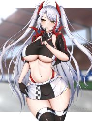 Rule 34 | 1girl, akayuki471, antenna hair, azur lane, belt, black gloves, black jacket, black shirt, black skirt, black thighhighs, blurry, blurry background, blush, breasts, collared shirt, commentary, cowboy shot, crop top, cropped jacket, cropped shirt, cross, earpiece, english commentary, gloves, hair between eyes, half gloves, hand up, headgear, highres, index finger raised, iron cross, jacket, large breasts, lens flare, long hair, looking at viewer, multicolored hair, navel, official alternate costume, open clothes, open jacket, panties, panty straps, parted bangs, parted lips, patreon username, prinz eugen (azur lane), prinz eugen (final lap) (azur lane), race queen, racetrack, red hair, red panties, shirt, short sleeves, sidelocks, silver hair, skindentation, skirt, sleeveless, sleeveless shirt, smile, solo, standing, stomach, streaked hair, swept bangs, taut clothes, taut shirt, thigh gap, thighhighs, two-tone skirt, two side up, underboob, underwear, very long hair, white background, white belt, white skirt, yellow eyes, zettai ryouiki, zipper, zipper pull tab
