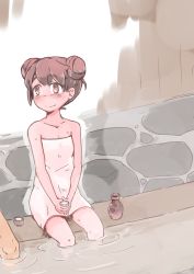 Rule 34 | 10s, 1girl, alternate hairstyle, brown eyes, brown hair, commentary request, cup, double bun, enjaku izuku, highres, jar, kantai collection, naked towel, onsen, partially submerged, ripples, ryuujou (kancolle), sitting, smile, solo focus, towel, wall, wet