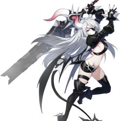 Rule 34 | boots, bracelet, breasts, closers, demon girl, demon tail, demon wings, eyepatch, game cg, gloves, grey eyes, horns, huge weapon, jewelry, leg up, long hair, nail polish, official art, partially fingerless gloves, short shorts, shorts, sideboob, silver hair, simple background, single horn, solo, sword, tail, thigh boots, thigh strap, thighhighs, transparent background, very long hair, violet (closers), weapon, white background, wings