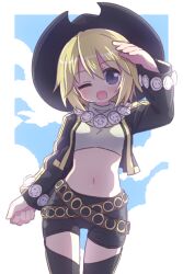 Rule 34 | 1girl, ;d, arm up, black hat, black jacket, black shorts, blonde hair, blue sky, breasts, cloud, crop top, cropped jacket, day, grey eyes, hair between eyes, hat, highres, jacket, long sleeves, looking at viewer, midriff, naga u, navel, one eye closed, open clothes, open jacket, open mouth, revision, short shorts, shorts, sky, small breasts, smile, solo, sonolar, summon night, summon night 3, turtleneck
