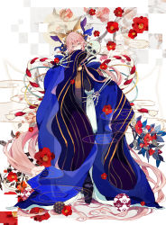 Rule 34 | 1girl, absurdly long hair, absurdres, animal ear fluff, animal ears, bare shoulders, blue kimono, breasts, camellia, covering own mouth, detached sleeves, fate/extra, fate/grand order, fate (series), flower, fox ears, fox girl, fox tail, full body, highres, japanese clothes, kimono, long hair, looking at viewer, official alternate costume, pink eyes, pink hair, satsuki (miicat), skeleton, skull, solo, tail, tamamo (fate), tamamo no mae (fate/extra), tamamo no mae (third ascension) (fate), very long hair, yellow eyes