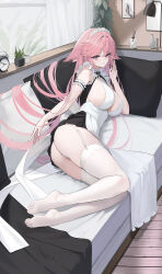 Rule 34 | 1girl, absurdres, alarm clock, alternate costume, animal ears, apron, arm garter, ass, bed, bed sheet, black bow, black bowtie, black dress, blush, bottle, bow, bowtie, breasts, clock, coffee, coffee mug, cup, curtains, dress, elbow rest, enmaided, feet, floppy ears, fox ears, frilled garter, frilled hairband, frills, full body, garter straps, genshin impact, hairband, hand up, highres, indoors, lamp, large breasts, legs, long hair, looking at viewer, lying, maid, maid apron, maid headdress, mug, no shoes, on bed, on side, panties, pantyshot, picture frame, pillow, pink hair, plant, potted plant, purple eyes, rikui (rella2930), see-through, see-through legwear, shrug (clothing), sideboob, sidelocks, solo, thighhighs, thighs, toes, underwear, very long hair, white apron, white curtains, white garter straps, white hairband, white panties, white thighhighs, window, wooden floor, yae miko