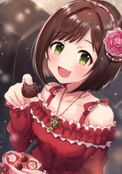 Rule 34 | 1girl, bare shoulders, blurry, blurry background, blush, box, breasts, brown hair, chocolate, collarbone, dot nose, dress, fang, female focus, flower, food, frilled dress, frills, green eyes, hair flower, hair ornament, hairband, hand up, heart-shaped box, highres, holding, holding box, holding chocolate, holding food, idolmaster, idolmaster cinderella girls, idolmaster cinderella girls starlight stage, jewelry, large breasts, long sleeves, looking at viewer, maekawa miku, necklace, off-shoulder dress, off shoulder, on chair, open mouth, pink flower, pink hairband, red dress, short hair, sitting, smile, solo, sparkle, tori ririisu, upper body