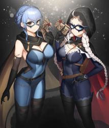 Rule 34 | 2girls, absurdres, ahoge, black cape, black footwear, black gloves, blue bodysuit, blue eyes, blue hair, bodysuit, boots, braid, breasts, cape, capelet, cleavage, commission, commissioner upload, crystal earrings, dhokidoki, earrings, eye mask, fire emblem, fire emblem: three houses, fire emblem fates, fire emblem heroes, gloves, grey eyes, highres, hood, hood up, hooded cape, jewelry, large breasts, leather, long hair, low twin braids, marianne von edmund, medium breasts, multiple girls, nina (fire emblem), nintendo, non-web source, o-ring, official alternate costume, parted bangs, red capelet, simple background, skin tight, thigh boots, turtleneck, twin braids, two-tone bodysuit, two-tone cape, white hair, yellow cape