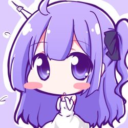 Rule 34 | 1girl, :o, ahoge, azur lane, bare shoulders, big head, black ribbon, blush stickers, chibi, commentary request, dress, elbow gloves, geo (yukishitadou), gloves, hair between eyes, hair ribbon, long hair, looking at viewer, one side up, outline, parted lips, purple background, purple eyes, purple hair, ribbon, solo, strapless, strapless dress, unicorn (azur lane), very long hair, white dress, white gloves, white outline