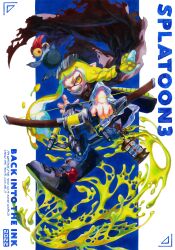 Rule 34 | 1girl, absurdres, agent 3 (splatoon 3), aiming, aiming at viewer, asymmetrical hair, blonde hair, bokoji, braid, cape, copyright name, denim, domino mask, english text, eyewear on head, fangs, floating hair, full body, highres, holding, holding weapon, hood, hood down, hooded cape, inkling, inkling girl, inkling player character, jeans, key, charm (object), long braid, long hair, looking at another, looking at viewer, low-tied long hair, mask, nintendo, open mouth, paint, pants, pointy ears, red eyes, salmonid, shirt, shoes, short sleeves, side braid, slit pupils, smallfry (splatoon), smile, splatoon (series), splatoon 3, sunglasses, tentacle hair, tri-stringer (splatoon), v-shaped eyebrows, very long hair, weapon, yellow eyes