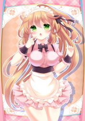 Rule 34 | 1girl, apron, bad id, bad nijie id, blush, breasts, brown hair, chestnut mouth, frills, green eyes, highres, large breasts, long hair, looking at viewer, maid headdress, open mouth, solo, wrist cuffs