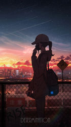 Rule 34 | 1girl, absurdres, backpack, bag, baseball cap, building, can, chain-link fence, cityscape, cloud, commentary request, earphones, english text, fence, guard rail, hat, highres, holding, holding can, hood, hoodie, long sleeves, mask, mouth mask, original, pasoputi, ponytail, road, road sign, scenery, sign, sky, skyscraper, solo, spray can, star (sky), starry sky, sunset