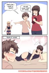 Rule 34 | 3boys, animal ears, bed, blonde hair, blue eyes, blush, brown hair, bulge, comic, crossdressing, dark skin, english text, fake animal ears, father and son, gyaruo, heart, highres, hinghoi, implied incest, leotard, lying, multiple boys, open mouth, pillow, playboy bunny, pubic tattoo, rabbit ears, rabbit tail, red eyes, shorts, simple background, smile, standing, sweat, tail, tattoo, thighhighs, thighs, third-party edit, trap, wide hips, zettai ryouiki