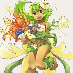 Rule 34 | 1girl, amalia sheran sharm, ankle wrap, bare arms, bare shoulders, barefoot, bouquet, breasts, brown eyes, collarbone, dark-skinned female, dark skin, doll, feet, fingernails, flower, flower bouquet, full body, green hair, hair flower, hair ornament, highres, holding, long hair, medium breasts, midriff, navel, parted lips, simple background, smile, solo, standing, stomach, strapless, tube top, wakfu