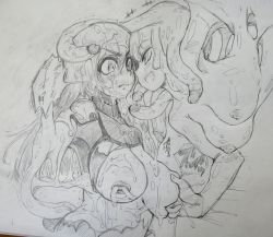 Rule 34 | 2girls, breasts, breasts out, extra penises, face-to-face, grin, large breasts, marbleslime, molestation, monochrome, monster girl, multiple girls, nipple penetration, original, penis, penis tentacle, short hair, sketch, slime girl, smile, tentacles, torn clothes, traditional media, yuri