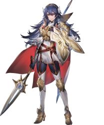 Rule 34 | 1girl, alternate costume, arm guards, armor, armored boots, belt, blue eyes, blue hair, bodysuit, bodysuit under clothes, boots, breastplate, breasts, cape, closed mouth, feather trim, fire emblem, fire emblem awakening, fire emblem heroes, full body, garter straps, gloves, gold trim, high heels, highres, holding, holding weapon, jewelry, lips, long hair, looking at viewer, lucina (brave princess) (fire emblem), lucina (fire emblem), medium breasts, mizutama (mao11260510), multiple belts, nintendo, non-web source, official art, polearm, ribbed bodysuit, shield, shoulder armor, skin tight, smile, solo, spear, standing, tiara, transparent background, turtleneck, weapon