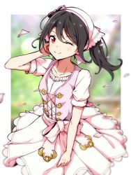 Rule 34 | 10s, 1girl, birthday, black hair, breasts, cherry blossoms, commentary, dress, highres, long hair, looking at viewer, love live!, love live! school idol festival, love live! school idol project, one eye closed, petals, pink dress, red eyes, senguyen1011, short sleeves, small breasts, solo, twintails, yazawa nico