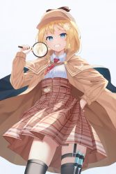 Rule 34 | 1girl, :d, black thighhighs, blonde hair, blue eyes, breasts, brown capelet, brown coat, brown hat, brown skirt, capelet, coat, collared shirt, contrapposto, cowboy shot, deerstalker, glass, gluteal fold, hair ornament, hand on own hip, hat, highres, holding, holding magnifying glass, hololive, hololive english, hukw, looking at viewer, magnifying glass, necktie, open mouth, plaid, plaid skirt, red necktie, shirt, short hair, simple background, skirt, small breasts, smile, solo, standing, syringe, thigh strap, thighhighs, trench coat, virtual youtuber, watson amelia, watson amelia (1st costume), white background, white shirt