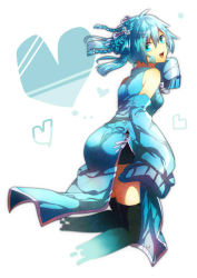 Rule 34 | 1girl, :d, aqua eyes, aqua hair, ass, bad id, bad pixiv id, bike shorts, blue dress, blue eyes, blue hair, china dress, chinese clothes, dress, ene (kagerou project), flower, from behind, heart, kagerou project, long hair, looking back, nakaba (mode), open mouth, ribbon, side slit, smile, solo, thighhighs, twintails