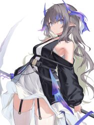 Rule 34 | 1girl, absurdres, arknights, bare shoulders, black choker, black dress, blue eyes, breasts, brown hair, choker, clothing cutout, commentary, cowboy shot, dress, garter straps, highmore (arknights), highres, holding, holding weapon, horns, long hair, long sleeves, looking at viewer, pointy ears, shoulder cutout, sidelocks, simple background, small breasts, solo, thighhighs, two-tone dress, weapon, weapon behind back, white background, white dress, white thighhighs, yki