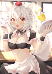 Rule 34 | 1girl, :o, alternate costume, animal ears, apron, black skirt, blush, breasts, cleavage, commentary request, crossed bangs, cup, drinking straw, enmaided, fang, hair between eyes, hat, holding, holding tray, indoors, inubashiri momiji, light blush, light rays, looking at viewer, maid, maid apron, medium breasts, midriff, navel, puffy short sleeves, puffy sleeves, red eyes, red hat, rururiaru, short hair, short sleeves, skin fang, skirt, solo, spilling, tail, teacup, tokin hat, touhou, tray, waitress, white apron, white hair, window, wolf ears, wolf tail, wrist cuffs