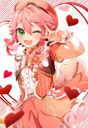 Rule 34 | 1boy, androgynous, blush, ensemble stars!, eyelashes, green eyes, heart, highres, himemiya tori, inana, male focus, multicolored background, one eye closed, open mouth, pink hair, pink headwear, pink shorts, pink vest, red background, shirt, short hair, shorts, smile, solo, tailcoat, vest, white background, white shirt