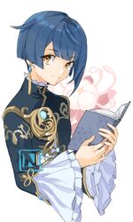 Rule 34 | 1boy, blue eyes, blue hair, book, choco c14, closed mouth, cropped torso, earrings, flower, frilled sleeves, frills, genshin impact, holding, holding book, jewelry, long sleeves, looking at viewer, male focus, open book, orange hair, pink flower, simple background, single earring, solo, tassel, tassel earrings, upper body, white background, xingqiu (genshin impact)