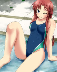 Rule 34 | 1girl, blue eyes, blue one-piece swimsuit, breasts, brown hair, corey sniper, covered navel, day, digdug006, leg up, legs, long hair, long legs, one-piece swimsuit, one eye closed, outdoors, parted bangs, pool, school swimsuit, sitting, smile, solo, swimsuit, thighs, water, wink, wrestle angels, wrestle angels survivor, wrestle angels survivor 2