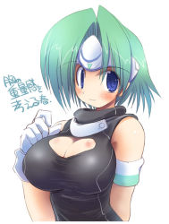 Rule 34 | armband, blue eyes, blush, breasts, cleavage, cleavage cutout, clothing cutout, gloves, green hair, large breasts, sakaki (noi-gren), smile, solo, white gloves